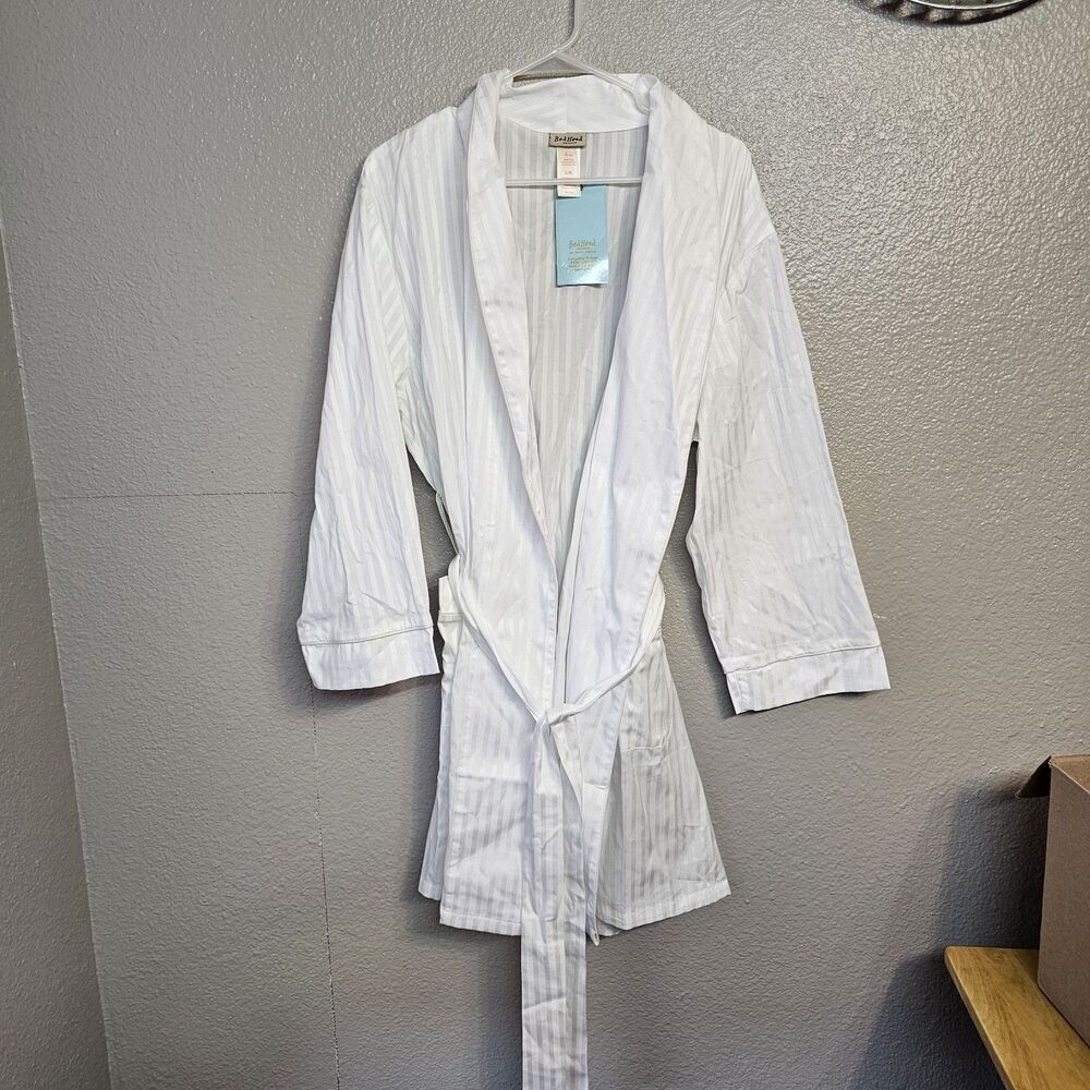 BedHead Pajamas Renee Claire White Striped Cotton Robe L/XL NWT Bathrobe M750